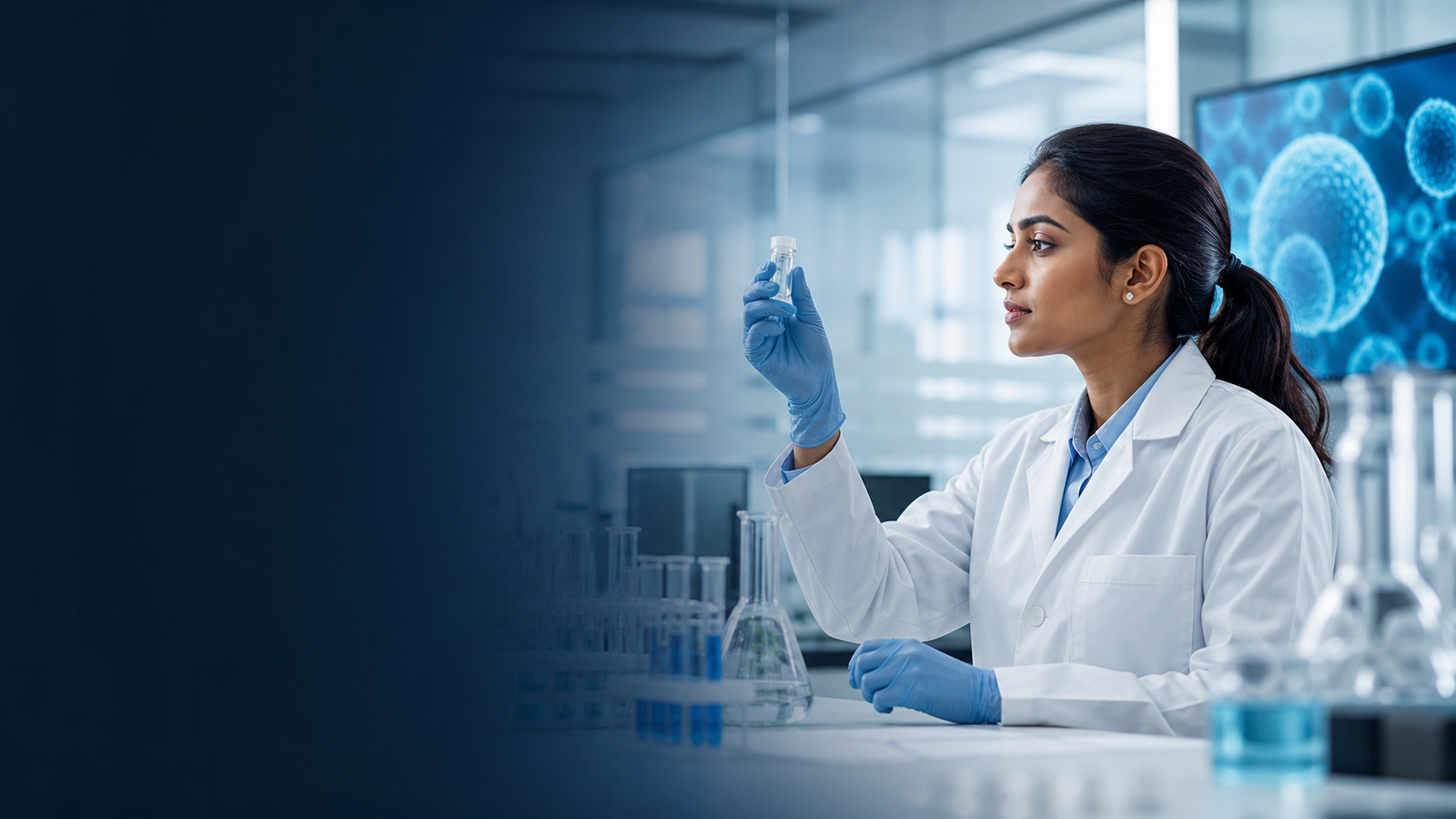 Pharmaceutical scientist inspecting a vial in a modern laboratory